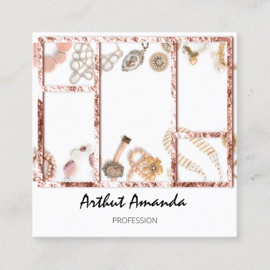 Carte De Visite Carré Bijoux de luxe perles Rose or encadré (Devant)