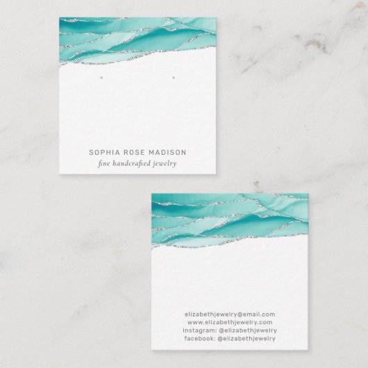 Carte De Visite Carré Bijoux Parties scintillant argent Turquoise Agate (Devant / Derrière)