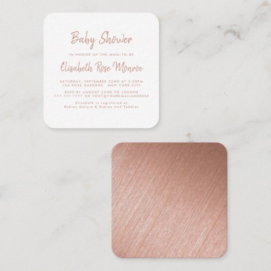 Carte De Visite Carré Billet Rose Gold Foil & Script Baby shower (Devant / Derrière)