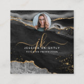 Carte De Visite Carré Black Agate Gold Parties scintillant Script Photo  (Devant)