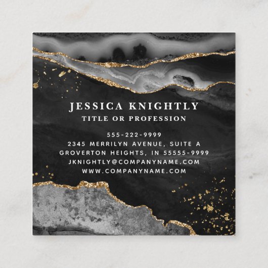 Carte De Visite Carré Black Agate Gold Parties scintillant Script photo (Dos)