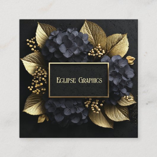 Carte De Visite Carré Black and Gold Hydrangea Floral Geometric Modern (Devant)