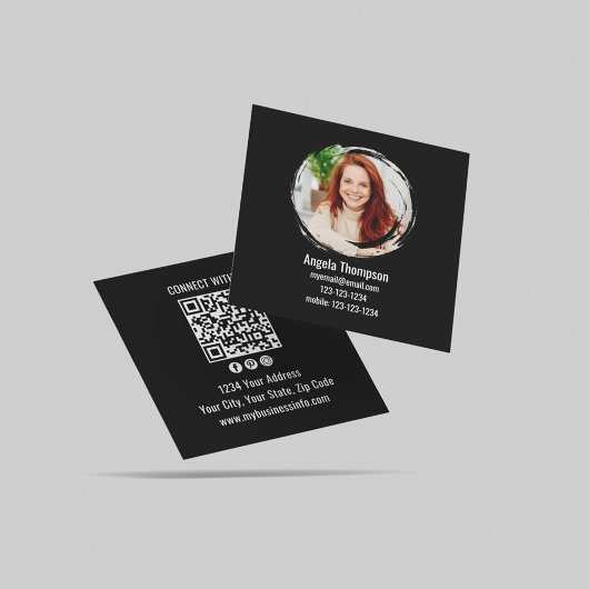 Carte De Visite Carré Black Connect with Me Photo QR Code 