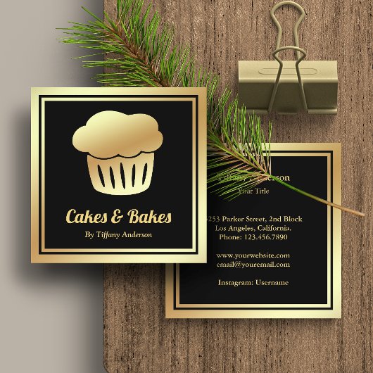 Carte De Visite Carré Black Faux Gold Foil Boulangerie de cupcake maison