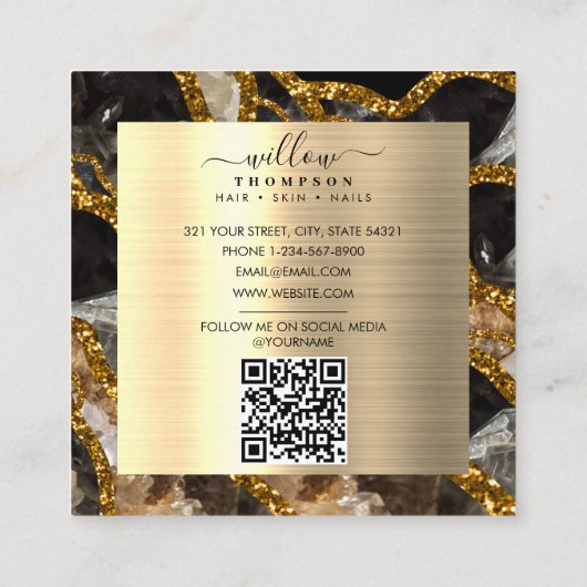 Carte De Visite Carré Black Gold Géode Agate Médias sociaux Code QR (Dos)
