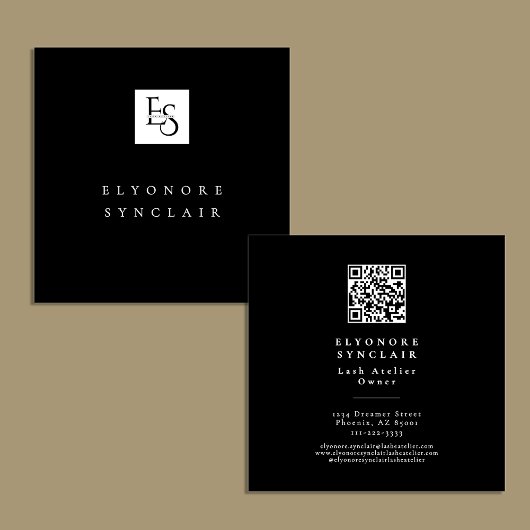 Carte De Visite Carré Black White Script Lashes Studio Logo QR Code 