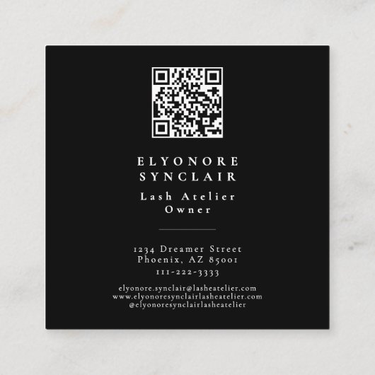 Carte De Visite Carré Black White Script Lashes Studio Logo QR Code (Dos)