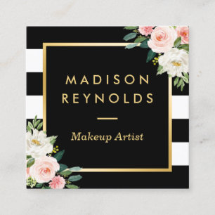 Carte De Visite Carré Blanc flou blanc cadre or noir blanc rayures