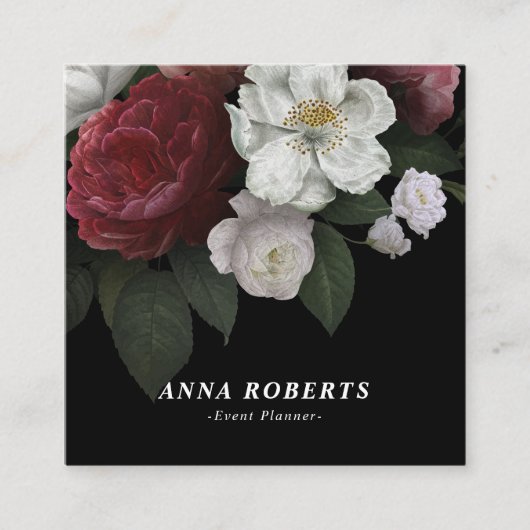 Carte De Visite Carré Blanc rose rouge de luxe sur floral noir (Devant)