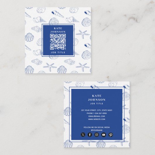 Carte De Visite Carré Bleu blanc Main dessinée Sea Shells Plage Été (Devant / Derrière)
