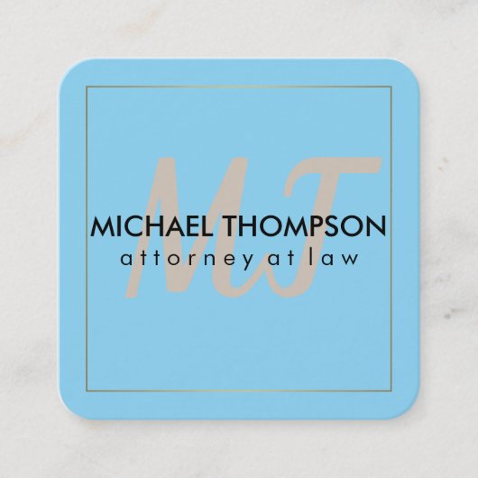 Carte De Visite Carré Bleu | Bordure avec monogramme (Devant)