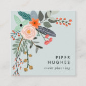 Carte De Visite Carré Bleu clair | Boho Floral QR Code (Devant)