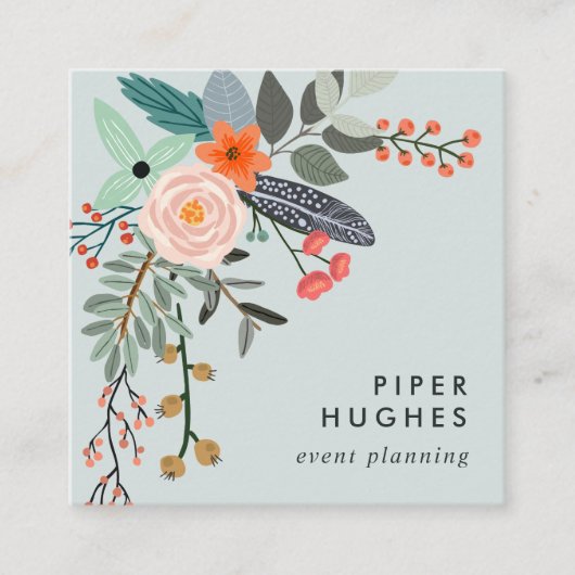 Carte De Visite Carré Bleu clair | Boho Floral QR Code (Devant)