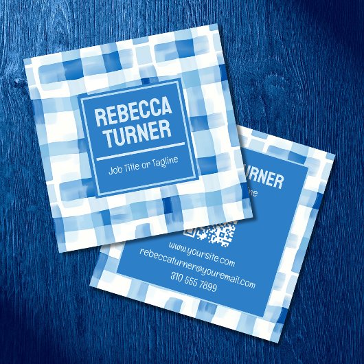 Carte De Visite Carré Bleu et blanc classique à carreaux gingham, code Q