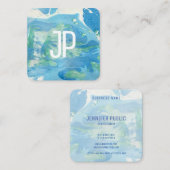 Carte De Visite Carré Bleu Et Vert Moderne Abstrait Élégant Monogramme (Devant / Derrière)