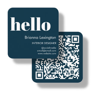 Carte De Visite Carré Bleu Marine   QR Code Médias sociaux Bonjour
