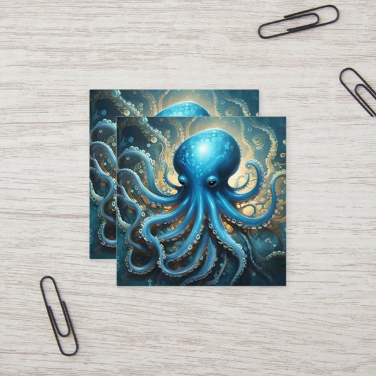 Carte De Visite Carré Bleu Octopus Acrylique Abstraite, (Devant/Arrière en situation)