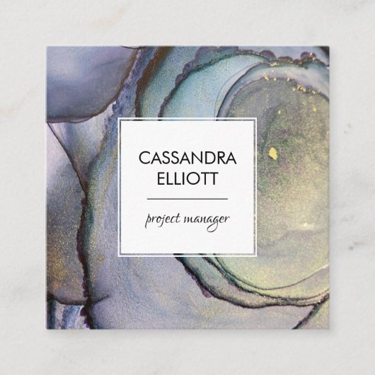 Carte De Visite Carré Bleu Turquoise violet et or Encre d'alcool Liquide (Devant)
