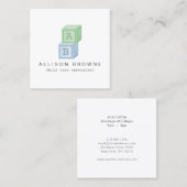 Carte De Visite Carré Blocs bébé Monogramme Babysitter Vert/Bleu (Devant / Derrière)