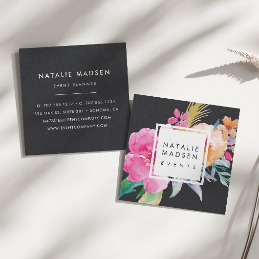 Carte De Visite Carré Blossoms tropicaux | Noir
