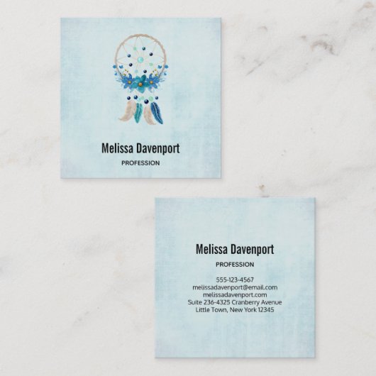 Carte De Visite Carré Blue Dreamcatcher Design Boho élégant (Devant / Derrière)