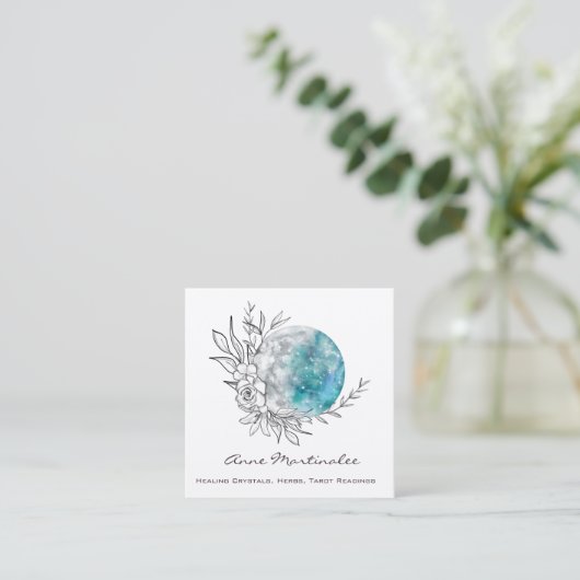 Carte De Visite Carré Blue Floral Moon Square Business Card (Debout devant)