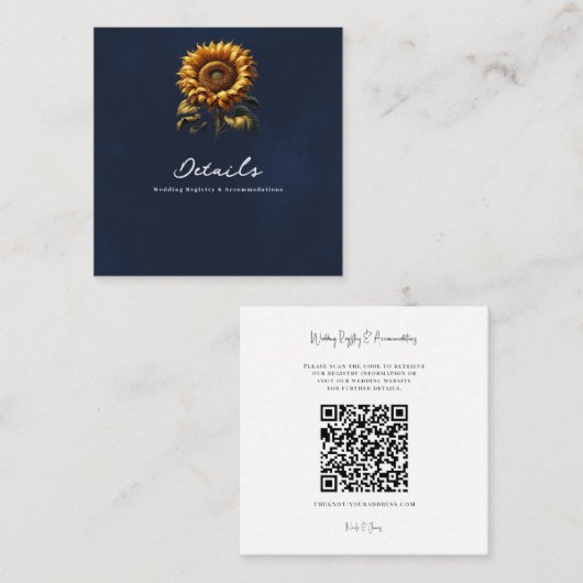 Carte De Visite Carré Blue Rustic Tournesol Mariage Détails & Registre (Devant / Derrière)