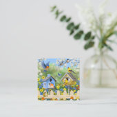 Carte De Visite Carré Bluebirds Goldfinches Birdhouses Jardin aux fleurs (Debout devant)
