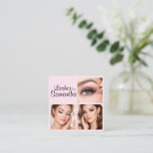 Carte De Visite Carré Blush Pink Black Script 3 Photo Logo Makeup (Debout devant)