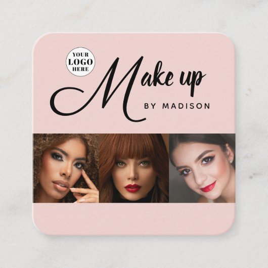 Carte De Visite Carré Blush Pink Black Script 3 Photo Makeup (Devant)