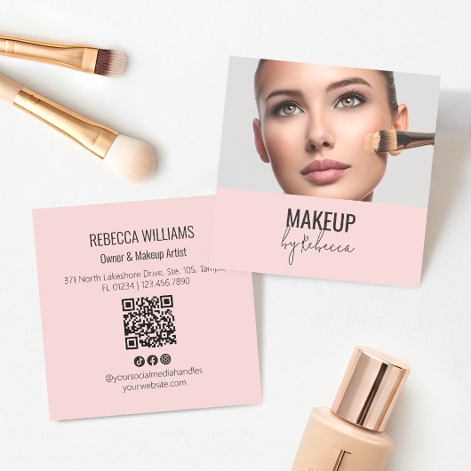Carte De Visite Carré Blush Pink Modern QR Code Photo Makeup