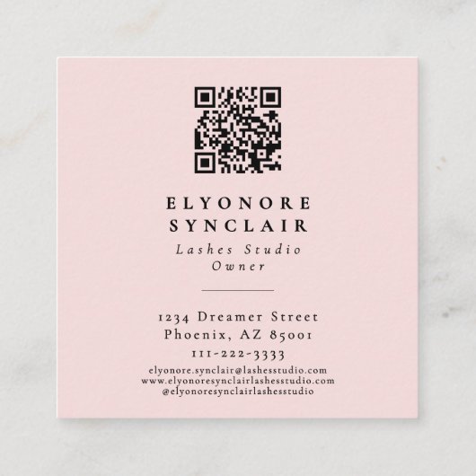 Carte De Visite Carré Blush Pink Script Logo QR Code Lashes (Dos)