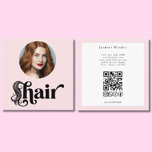 Carte De Visite Carré Blush Rose Photo Coiffeur QR Réseaux Sociaux Carré