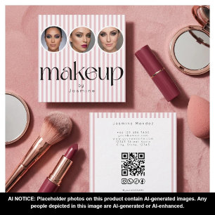 Carte De Visite Carré Blush Rose Rayure 3 Photo MUA QR Code Réseaux Soci