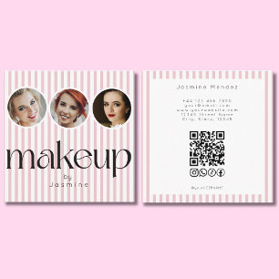 Carte De Visite Carré Blush Rose Rayure 3 Photo MUA QR Code Réseaux Soci