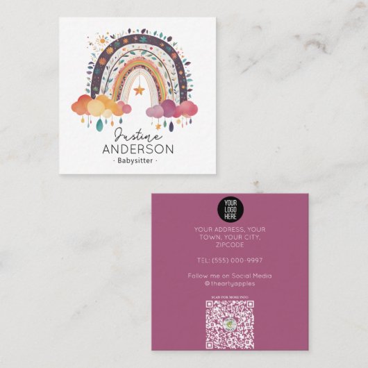 Carte De Visite Carré BLUSH violet SCANDI COEUR RAINBOW BABYSITTER (Devant / Derrière)