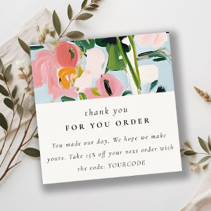 Carte De Visite Carré Boho bleu rose peint Merci floral pour commande