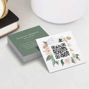 Carte De Visite Carré Boho Blooms aquarelle Floral QR Code
