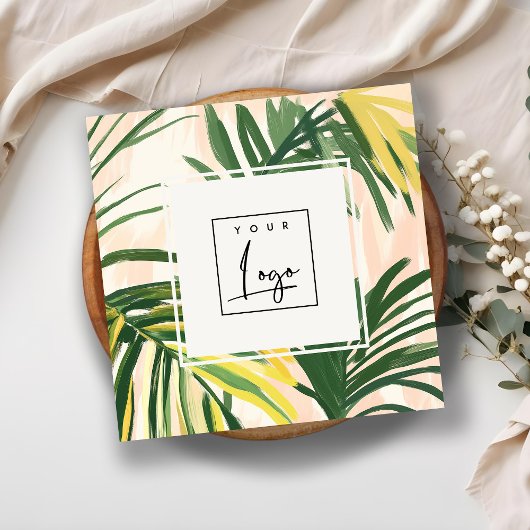 Carte De Visite Carré Boho Blush Green Tropical Palm Feuille Beach Logo