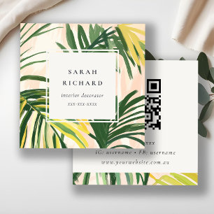 Carte De Visite Carré Boho Blush Green Tropical Palm Feuille QR Code