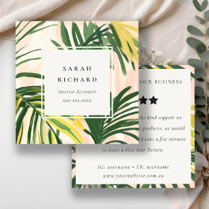 Carte De Visite Carré Boho Blush Green Tropical Palm Leaf Demande de rév