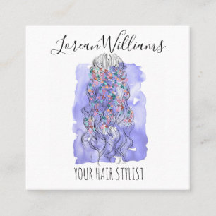 Carte De Visite Carré Boho Chic Violet Mariée Coiffure Aquarelle Floral