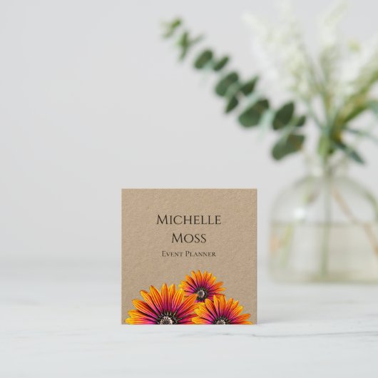 Carte De Visite Carré Boho Daisies Rustic Botanical Event Planner (Debout devant)