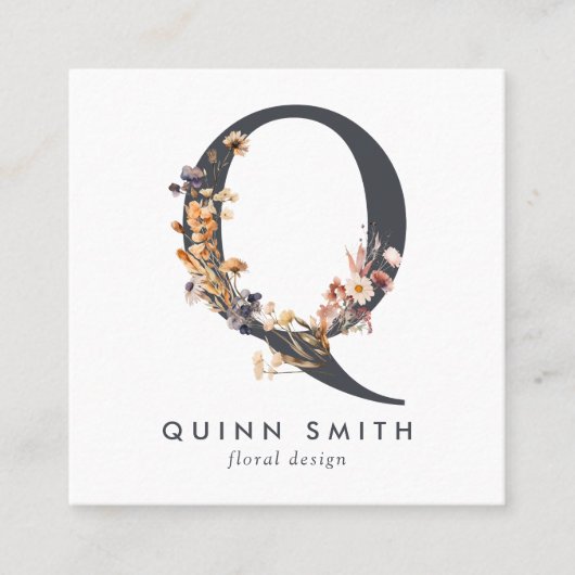 Carte De Visite Carré Boho Fleur sauvage initial Q QR Code (Devant)