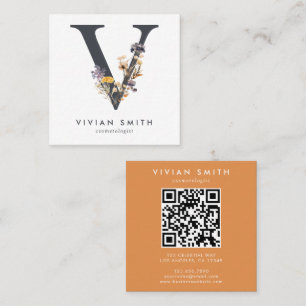 Carte De Visite Carré Boho Fleur sauvage initial V QR Code