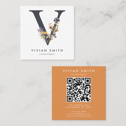 Carte De Visite Carré Boho Fleur sauvage initial V QR Code (Devant / Derrière)