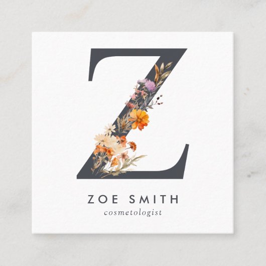 Carte De Visite Carré Boho Fleur sauvage initial Z QR Code (Devant)