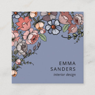 Carte De Visite Carré Boho Floral Et Folio Dusty Blue