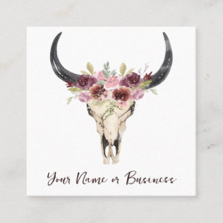 Carte De Visite Carré Boho Floral Vache crâne sur blanc