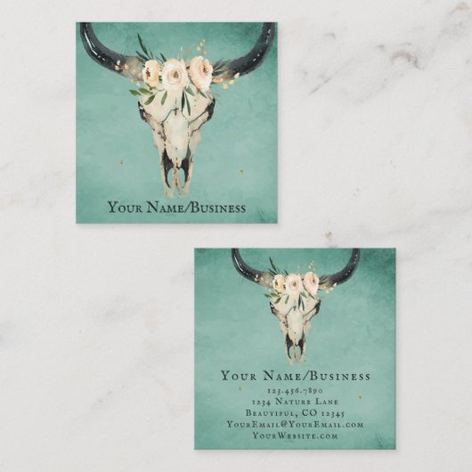 Carte De Visite Carré Boho Floral Vache Crâne sur Turquoise (Devant / Derrière)